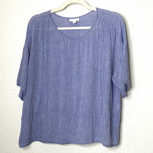 J. Jill Pure Jill Linen Short Sleeve Pintuck Loose Fitting Blouse Blue M